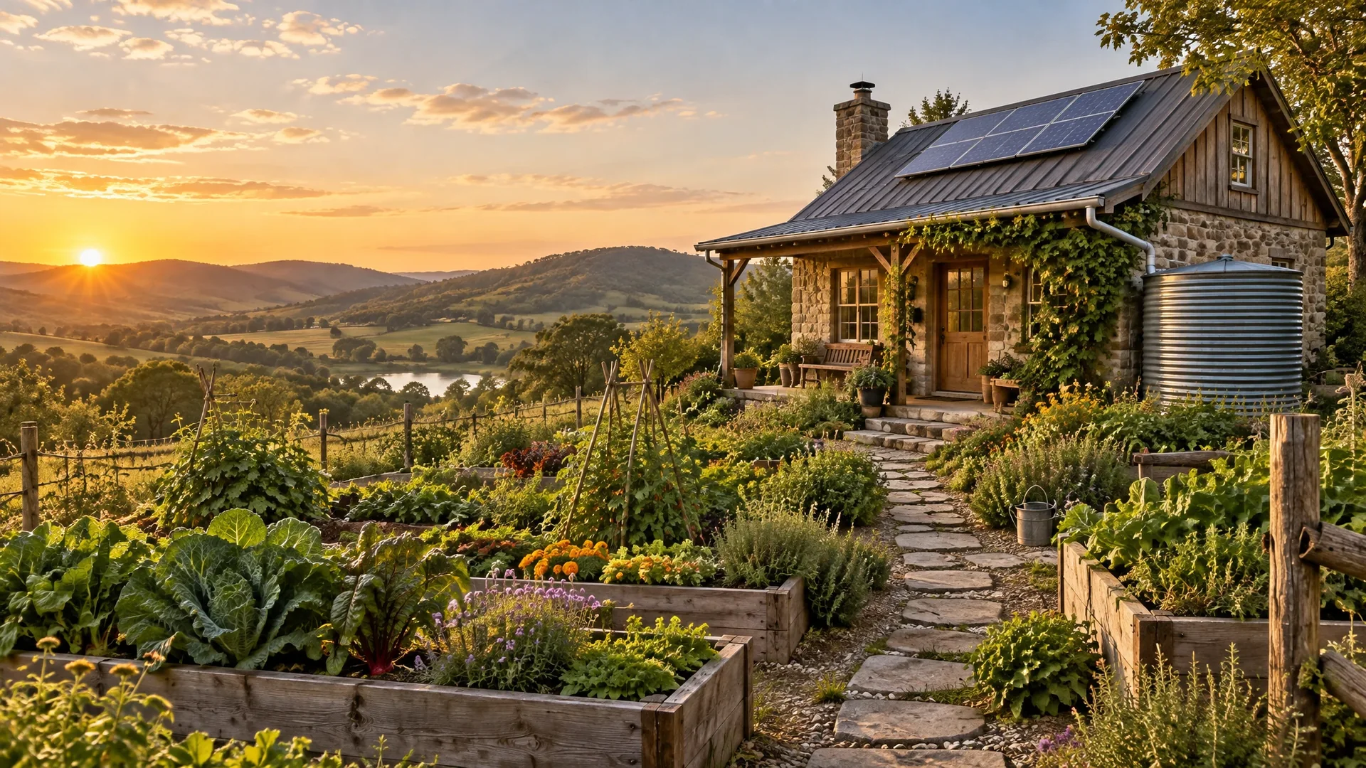 A productive garden and stone path leading to a modest home with solar panels and rainwater collection