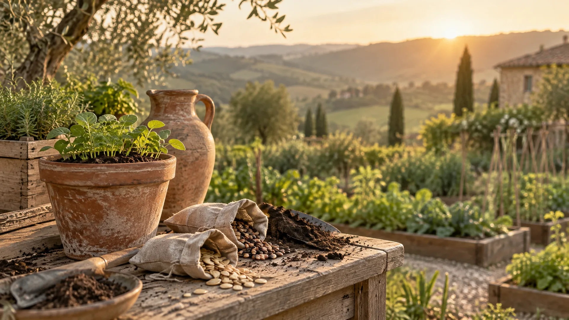 Seedlings, soil and linen seed bags on a rustic potting bench