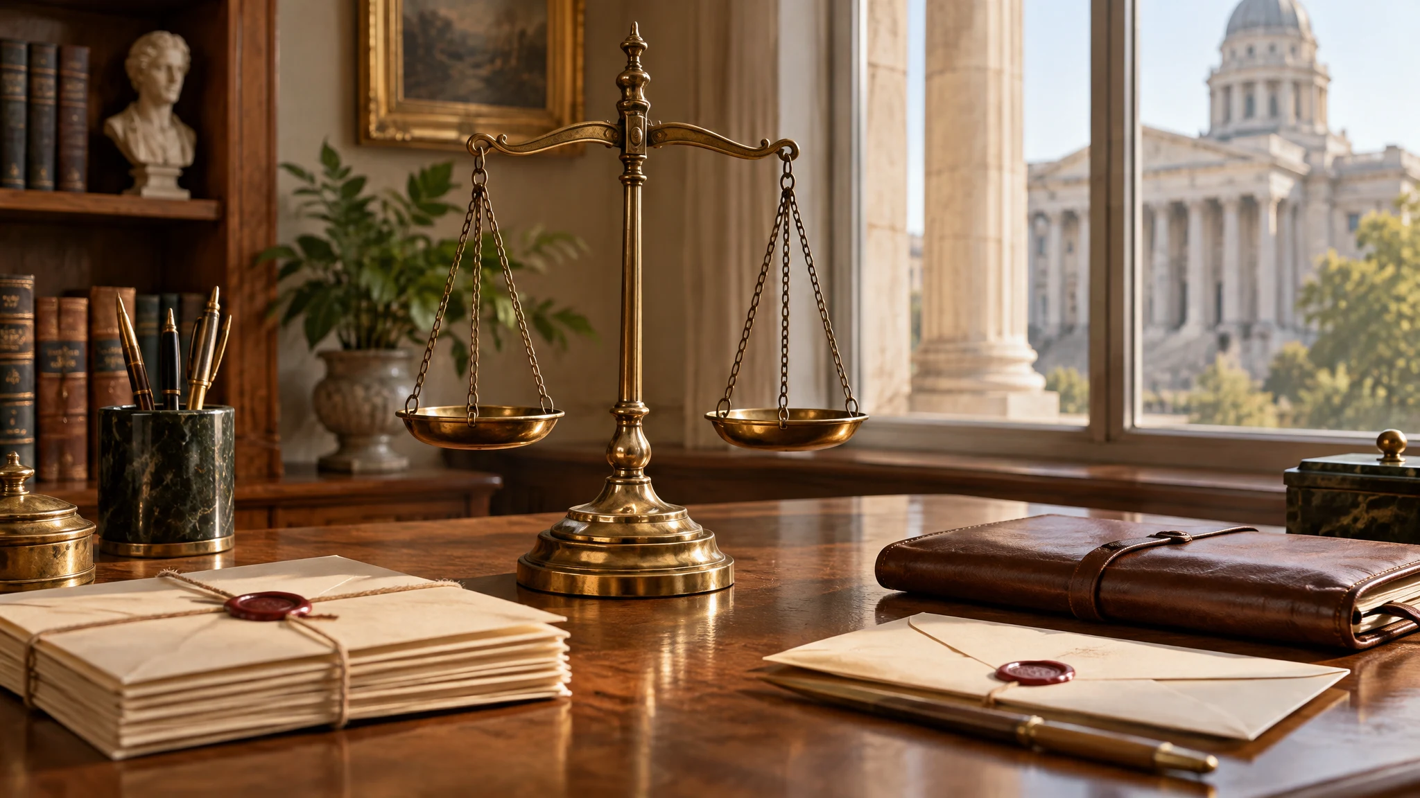 Brass scales, correspondence and a leather folio in a warm study overlooking civic architecture