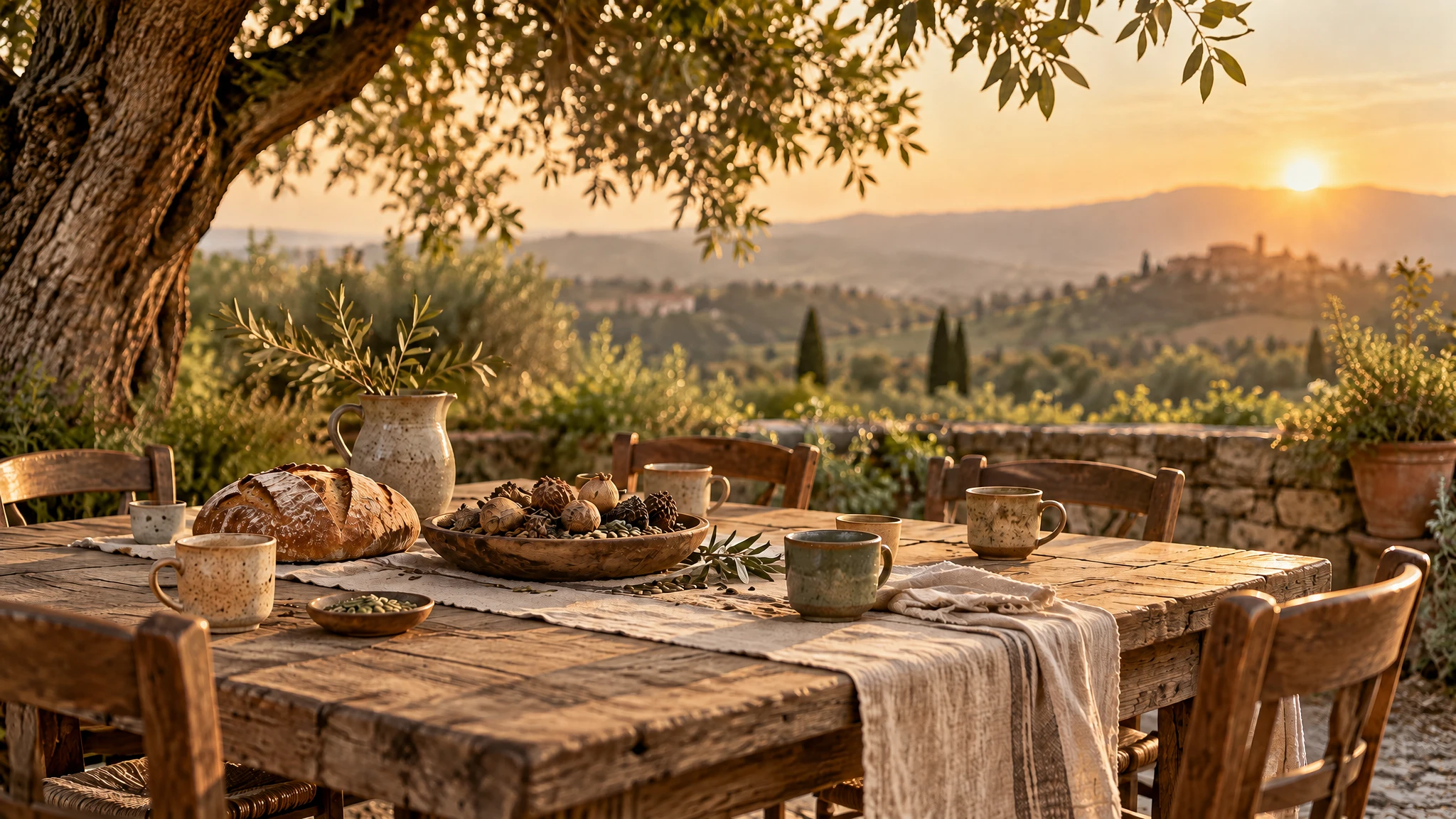 A shared outdoor table with bread and ceramic cups, illustrating community rather than real member profiles
