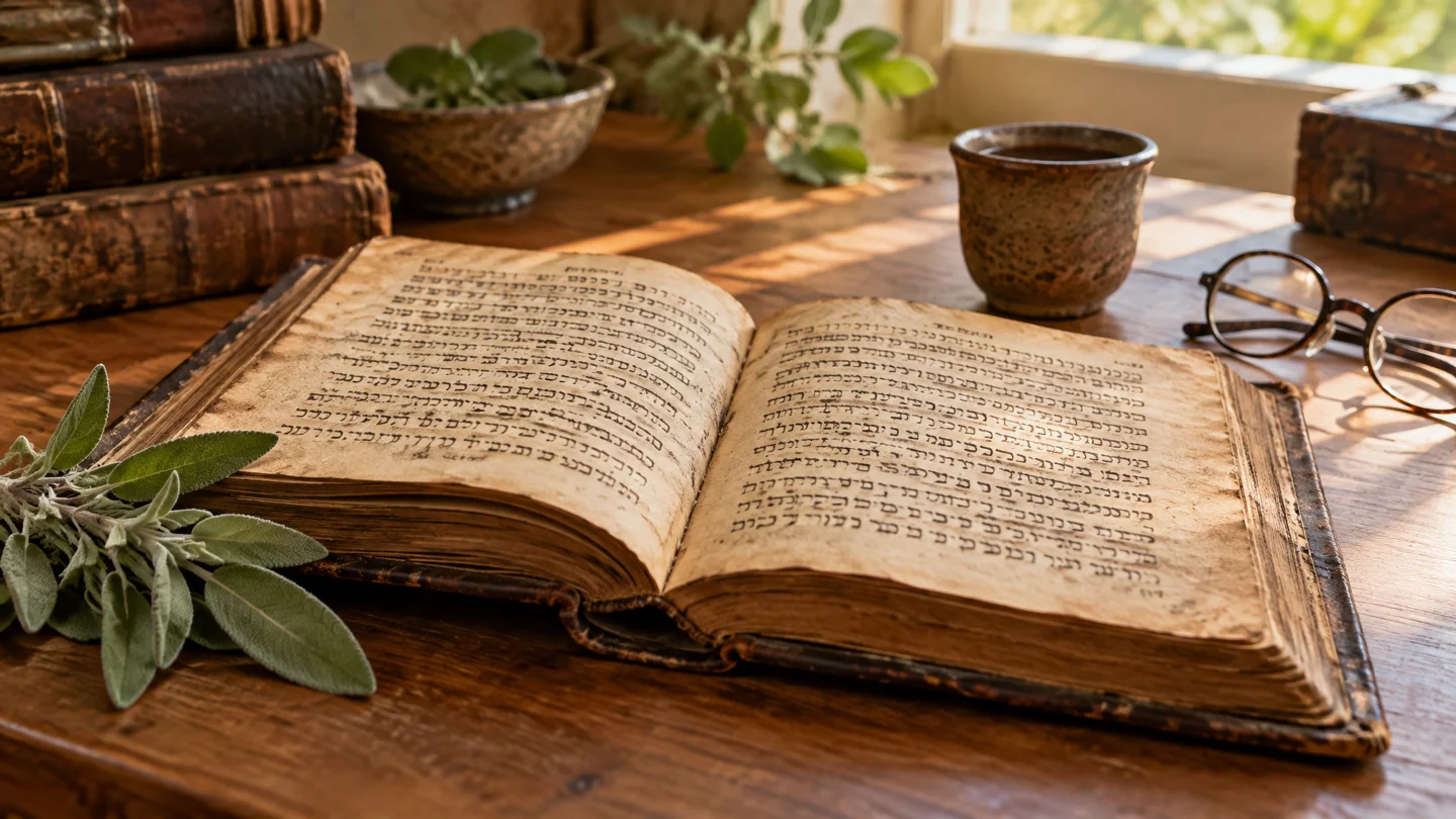 An open aged study book on a wooden desk in warm morning light