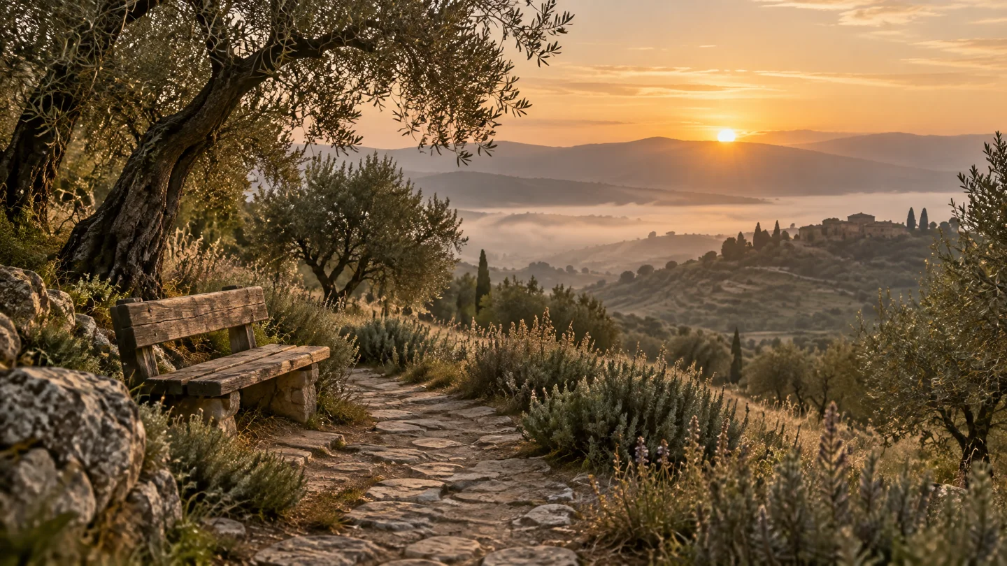 A quiet stone path and bench among olive trees in the soft light of dawn