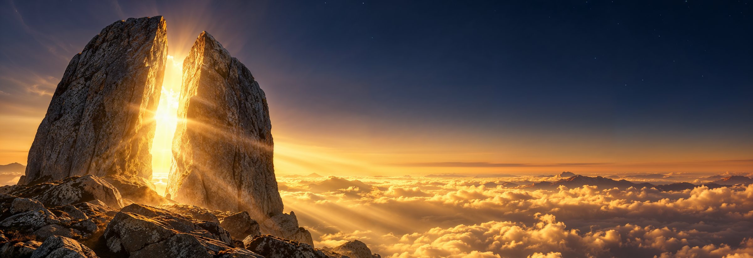 Two great stones opening to golden sunlight above a sea of cloud